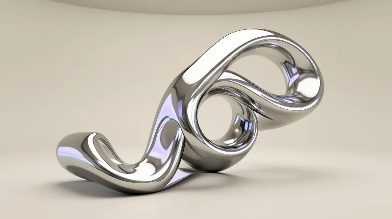 Glossy metallic sculpture curves fluidly across a neutral background with sharp specular highlights.