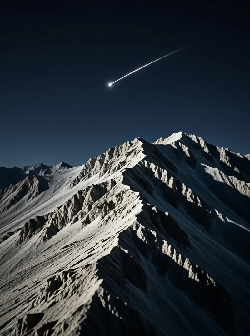 A bright meteor streaks across a dark night sky above a rugged snow covered mountain ridge with deep shadows.