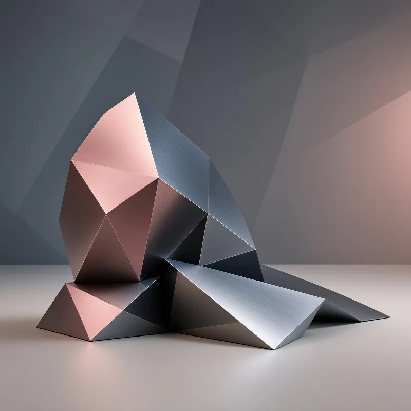 A faceted geometric object combining copper and steel tones rests on a smooth surface under soft studio lighting.