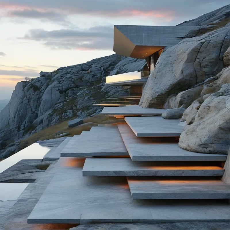 Stone slabs form a path up a rocky slope towards a house glowing from within against a soft twilight sky