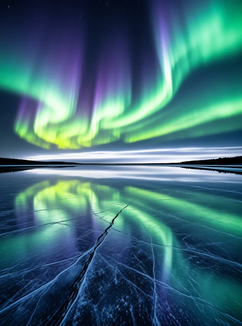 Green aurora curtains glow above a cracked frozen lake that mirrors the celestial display below.