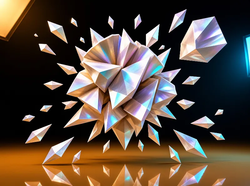 Scattered iridescent shards explode above a smooth bronze floor reflecting warm orange and cool blue lighting.