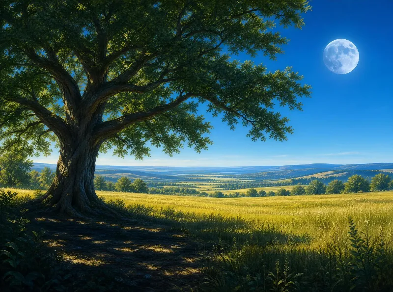 A large oak tree stands in a golden field under a full moon, with rolling hills and a clear blue sky in the background