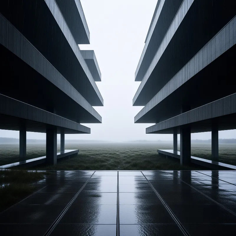 Stacked dark slabs cantilever above wet paving, framing a misty grass field under a pale overcast sky.