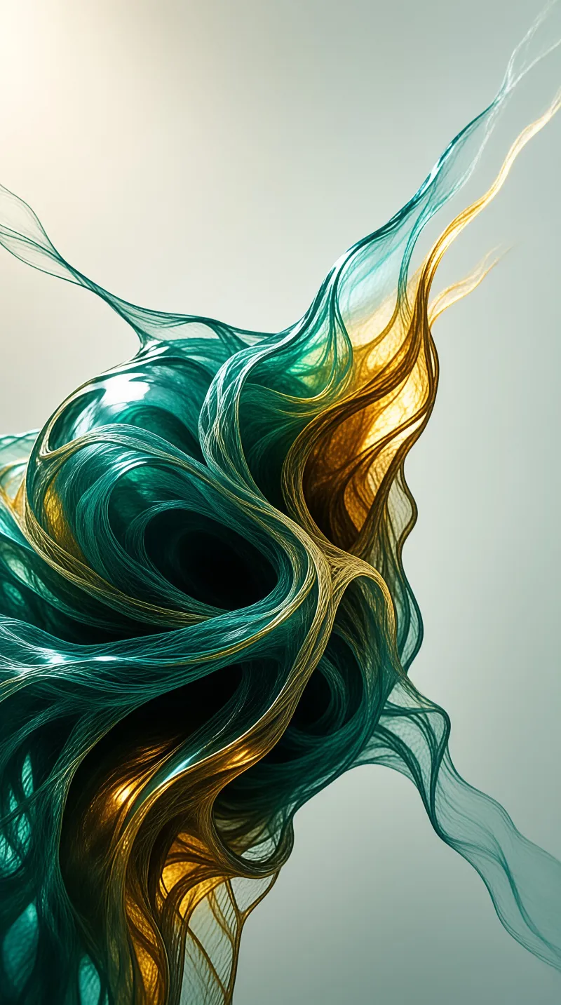 Glossy teal and gold strands twist and curve across a pale neutral backdrop with luminous highlights along their edges.
