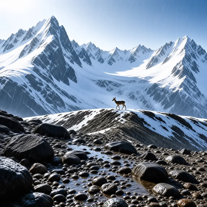 A single antelope pauses on a rocky ridge while snow falls over jagged white mountain summits