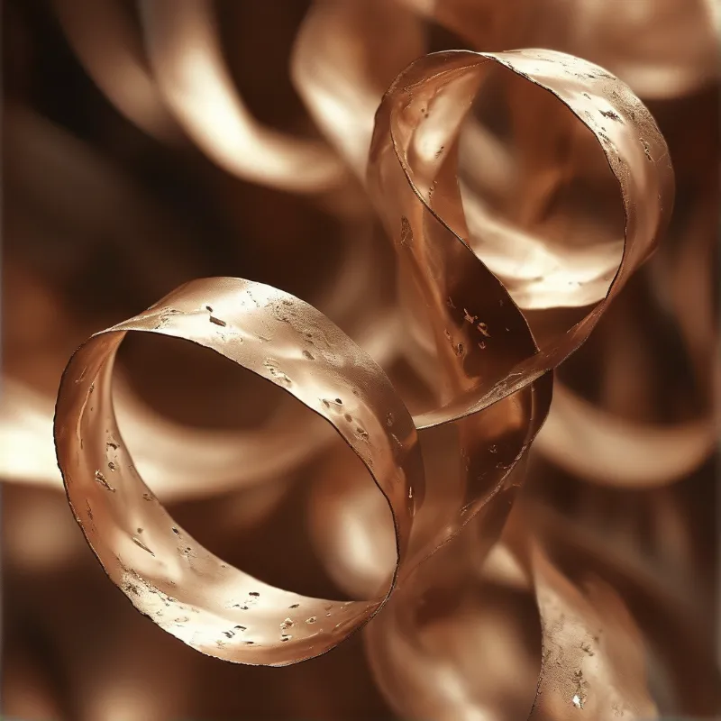 Polished metal bands twist into loose loops, catching amber highlights against a softly blurred bronze backdrop.