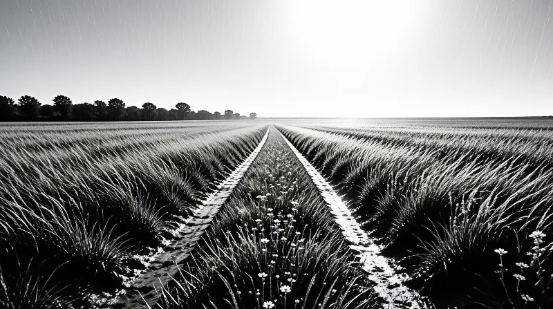 A black and white field of parallel crop rows receding toward a distant tree line under a bright rain streaked sky
