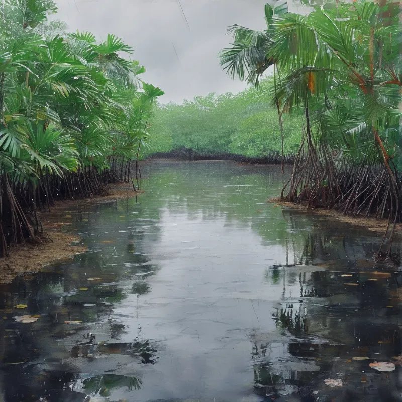 Tropical mangrove trees frame a quiet waterway as rain falls heavily across the lush green landscape and reflections.
