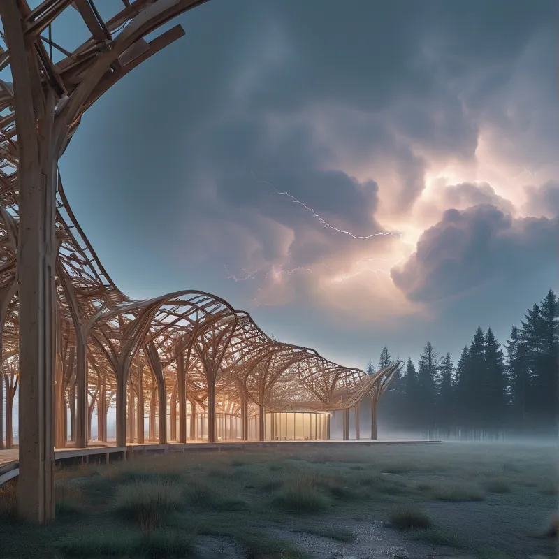 A glowing, skeletal wooden structure stands in a misty meadow, with lightning crackling through dark, dramatic clouds in the background.
