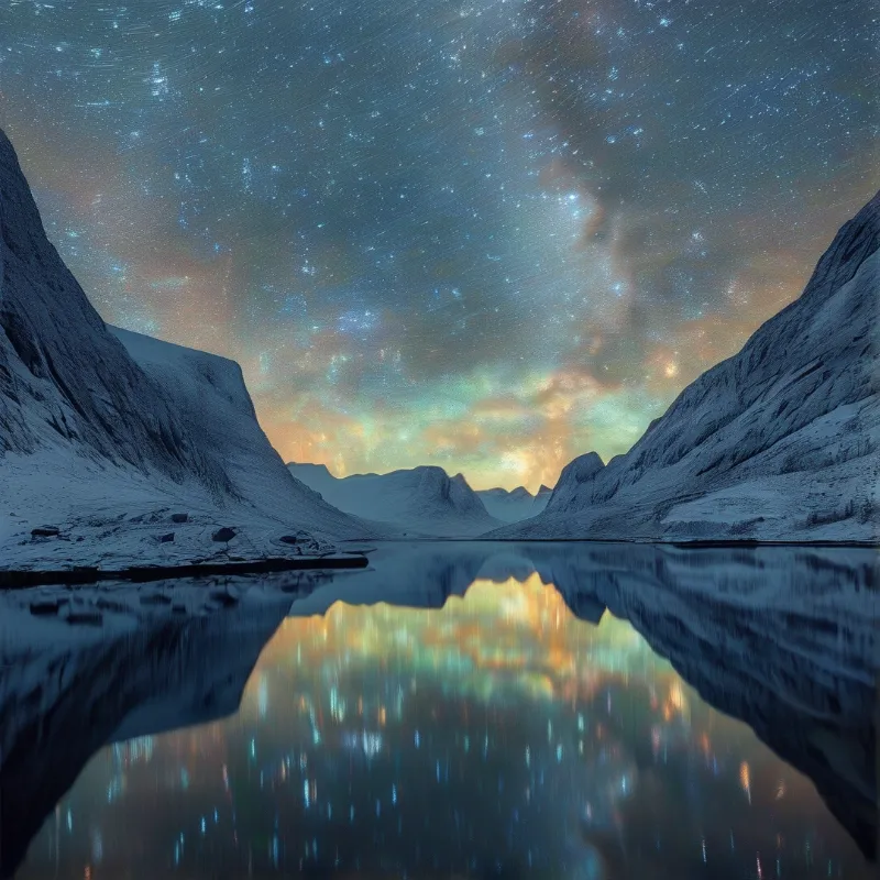 Snowy peaks flank a still lake that perfectly mirrors the colorful stars and Milky Way above.
