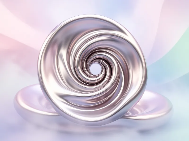 A polished metallic swirl sculpture stands on a glossy pastel pedestal against a soft gradient.