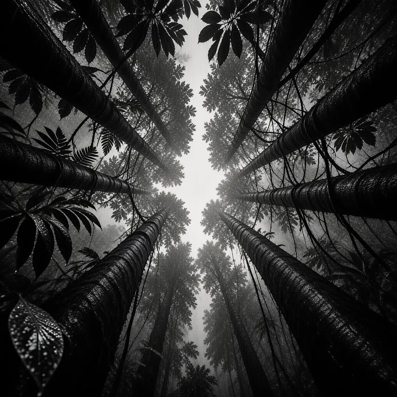 Silhouetted vertical tree trunks frame a foggy bright center in this high contrast monochrome composition.