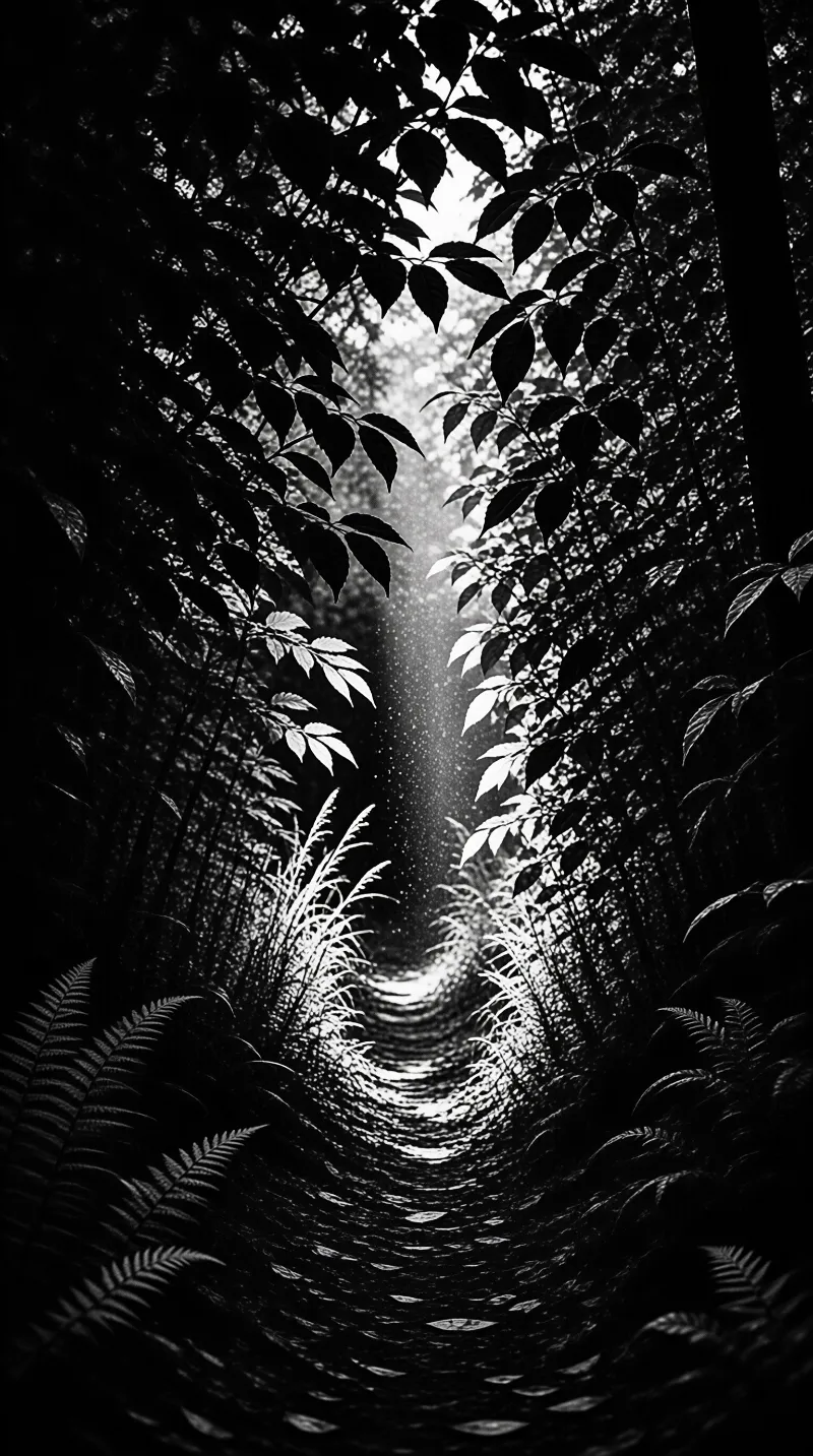 A dark forest path with ferns framing a bright beam of sunlight streaming through trees into a distant tunnel.