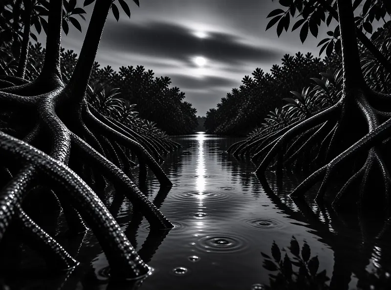 Black and white view of thick mangrove roots framing a narrow waterway illuminated by a bright light source.
