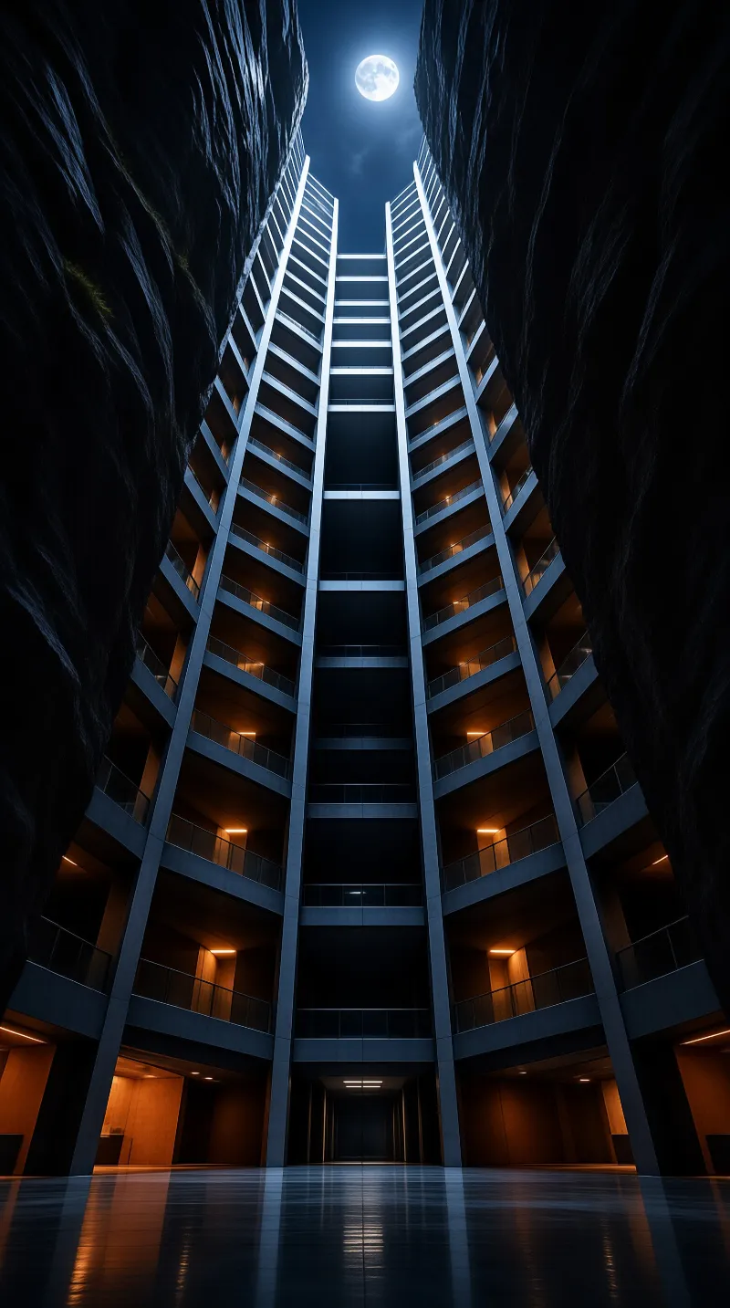 A low angle view of a multi-story structure with warm lights set between dark cliffs while a bright moon hangs above.