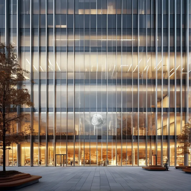 Vertical mullion glass building has warm interior light at dusk, overlooking a paved plaza with trees and wooden seating.
