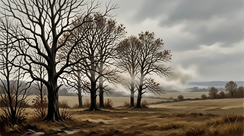 A painting of leafless trees with dark branches overlooking a golden field shrouded in fog under a cloudy sky.