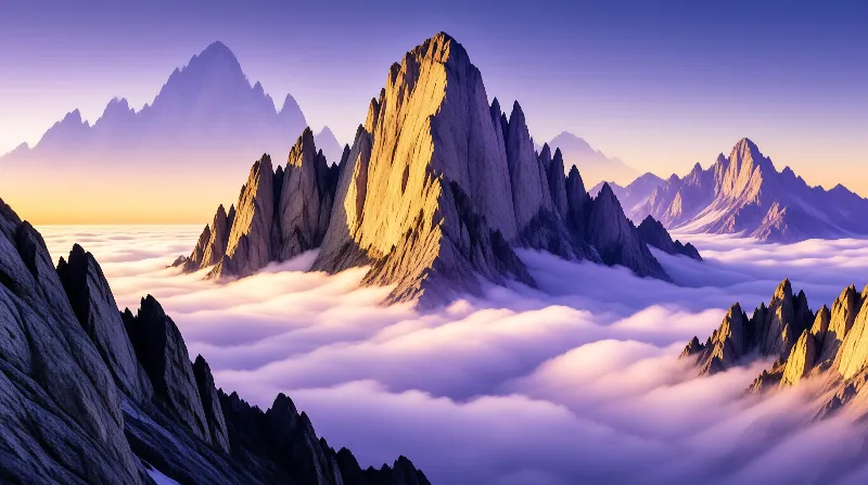 Sharp rocky summits rise above a thick layer of white clouds illuminated by warm orange light against a purple sky.