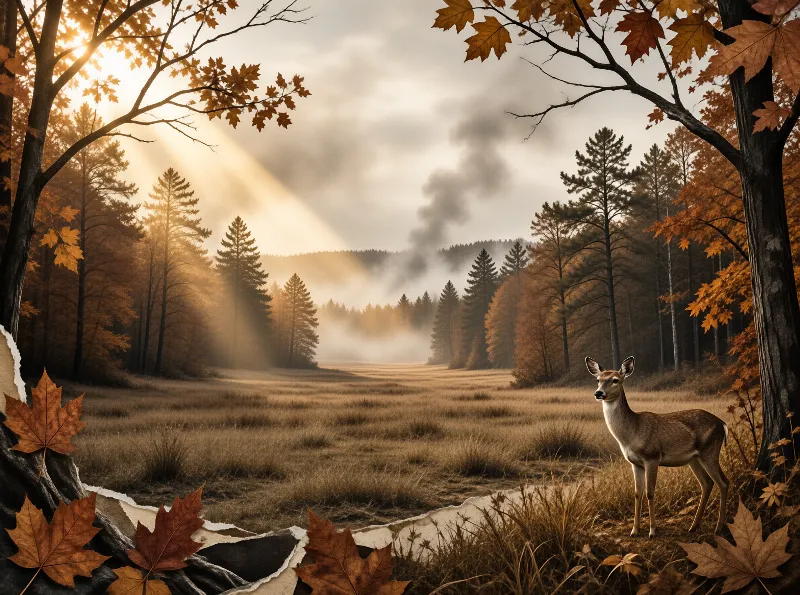 A young deer pauses in a golden valley while sunbeams slant through pines and dried maple leaves frame the torn border.