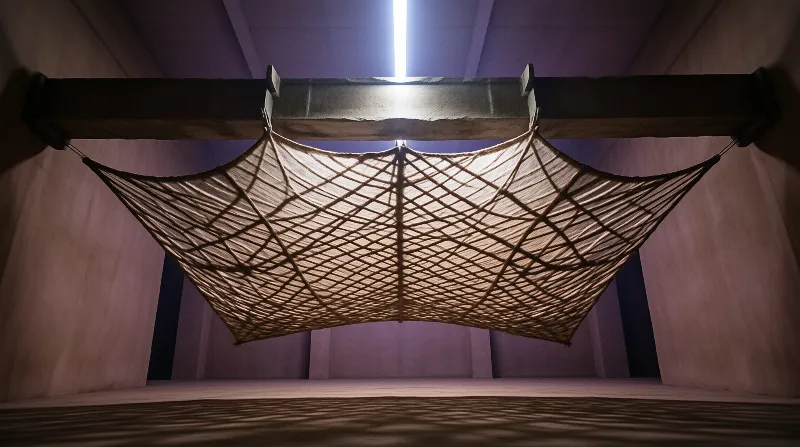 A diamond-pattern rope net hangs from a dark beam under a bright overhead light inside a purple-toned hall.