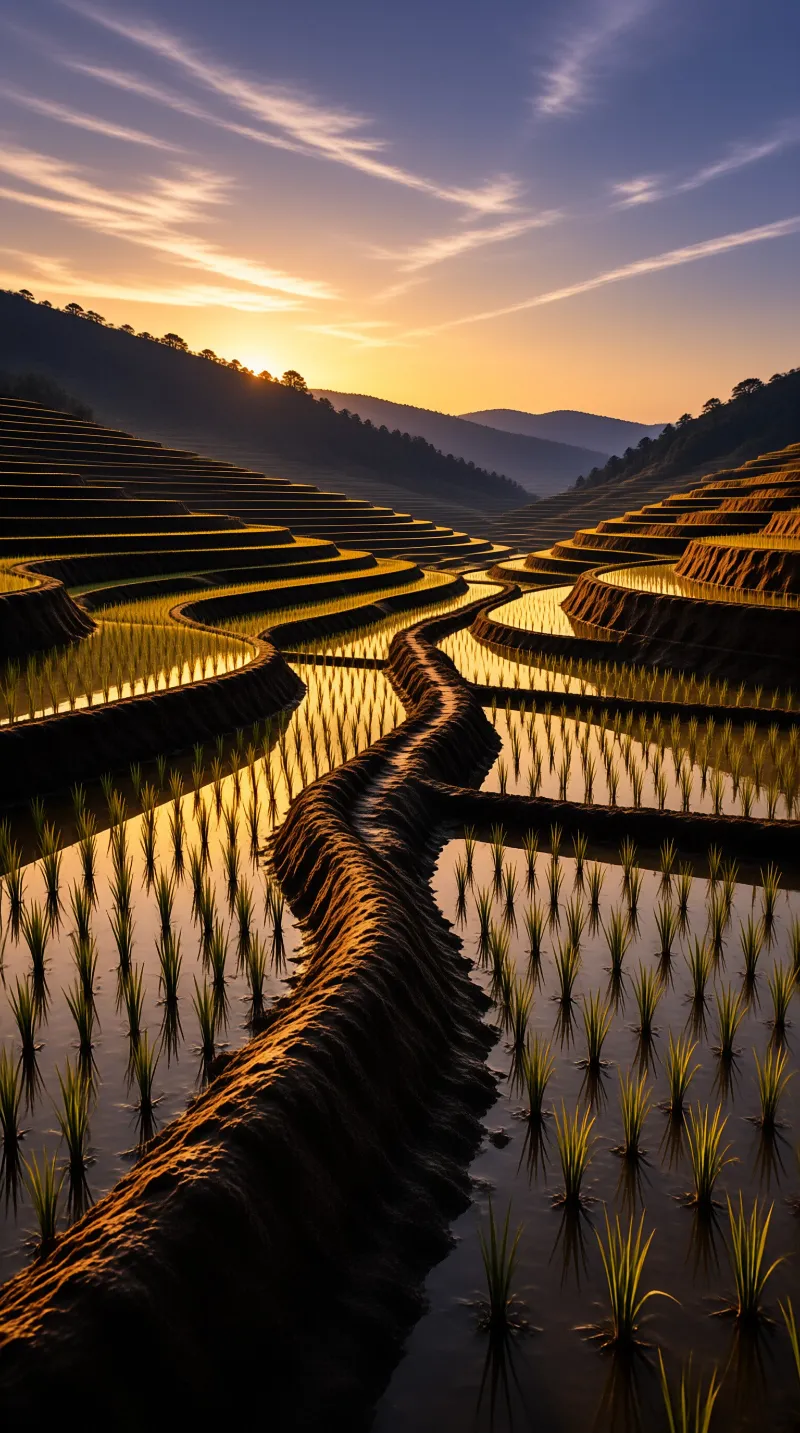 Layered agricultural fields filled with water reflect the warm orange hues of a setting sun across a valley.