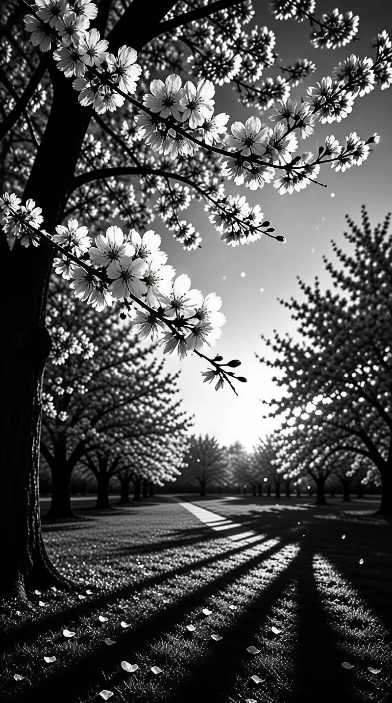 Monochrome avenue of flowering trees arches over a narrow lane striped with long beams of low light