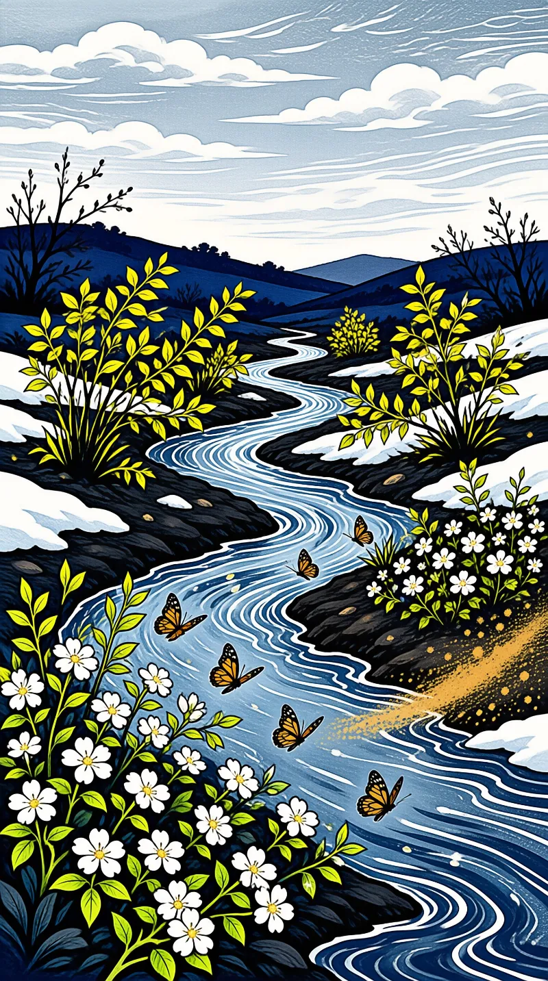 A stylized folk illustration shows a blue stream curving between hills dotted with white blossoms and orange butterflies.