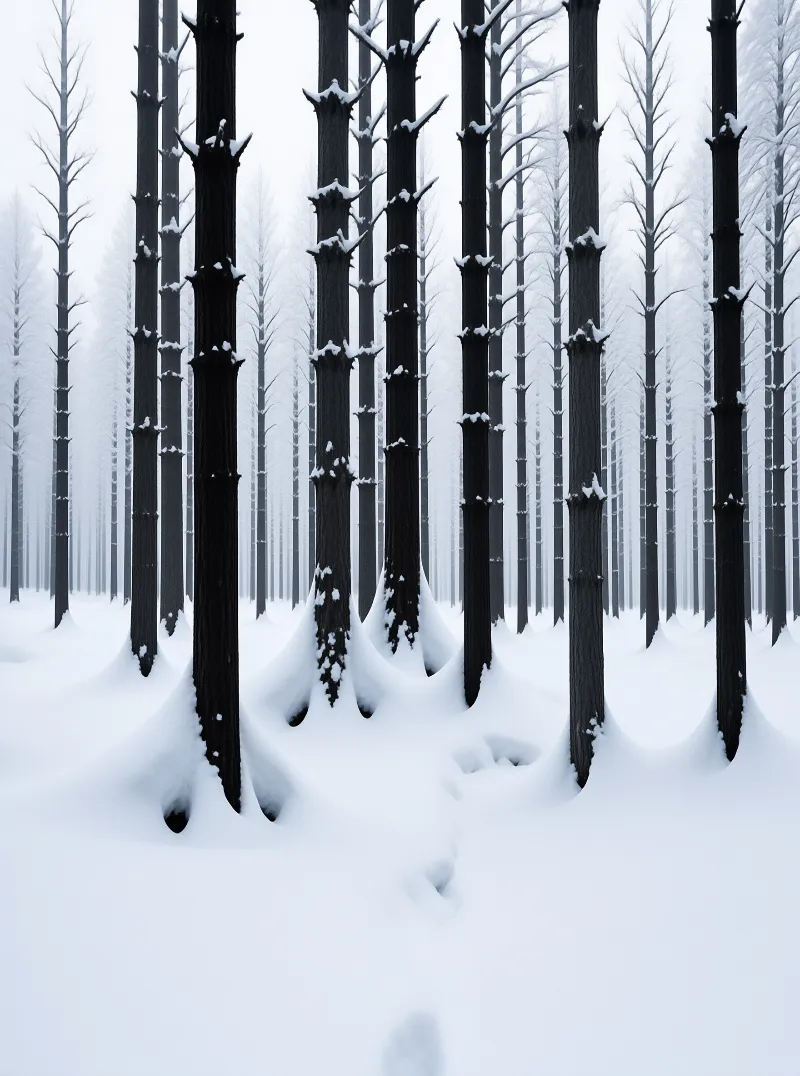 Bare dark boles stand in a fog white field of snow with their bases rounded into soft drifts.
