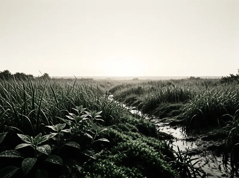 A narrow water path winds through dense marsh grasses and leafy plants towards a distant horizon under a bright sky.