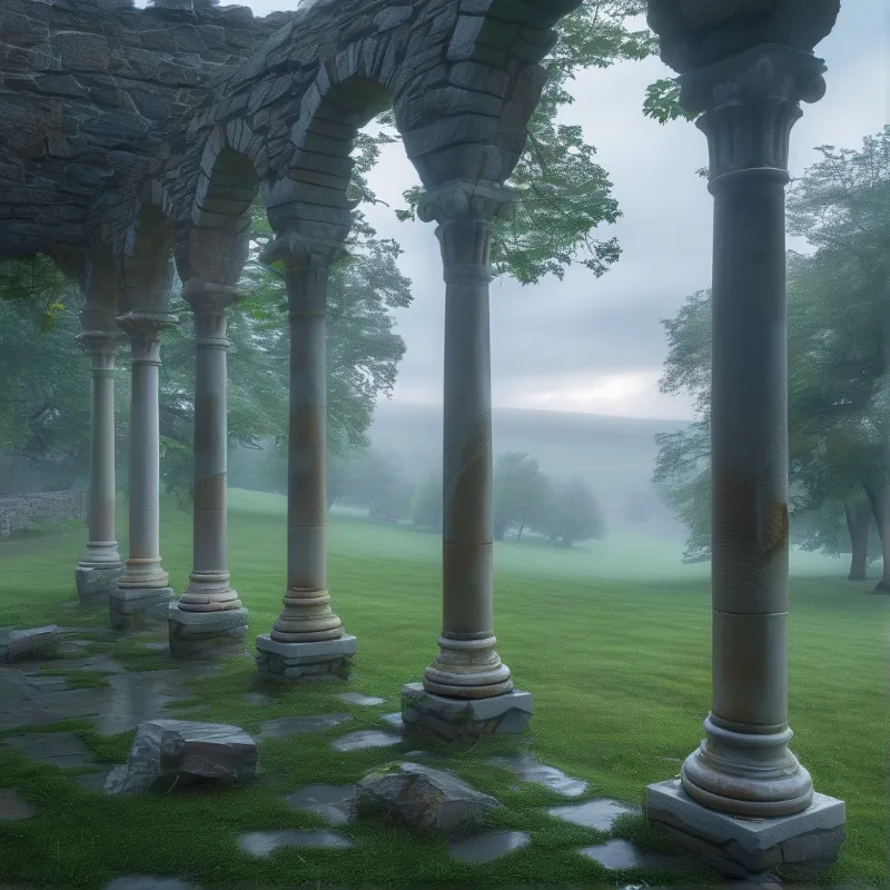 Weathered stone arches line a wet grassy path that overlooks a misty green valley with trees under a dim hazy sky.