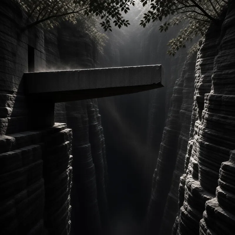 A lone concrete platform cantilevers from stratified rock walls into a fog filled gorge lit by soft beams