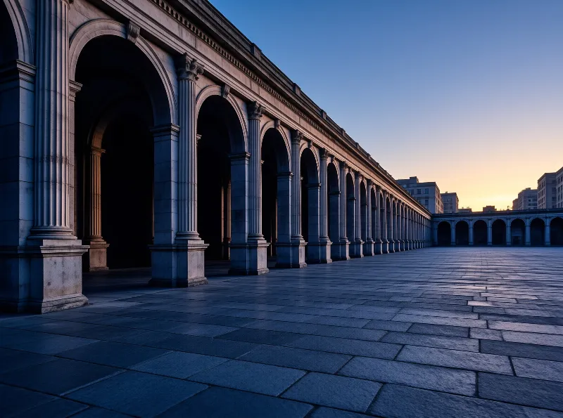 A long row of stone arches lines an empty paved courtyard as the sky shifts from deep blue to warm orange near the horizon.