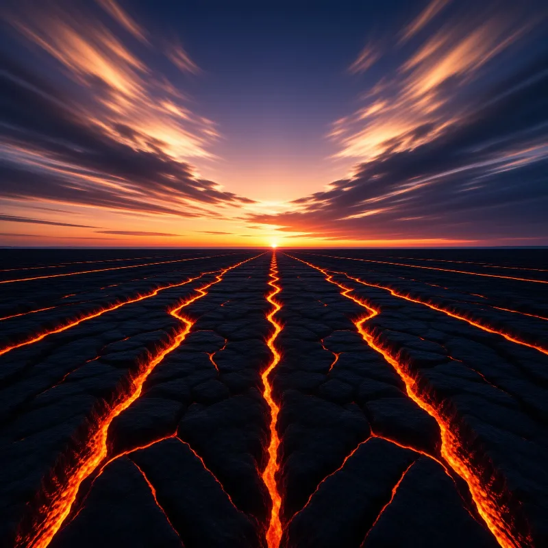 Bright orange lava flows through dark cracked earth extending to a colorful sunset horizon with streaky clouds.