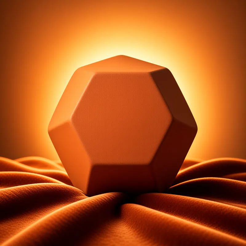 A faceted orange geometric solid rests on rippled orange fabric, glowing warmly from behind.