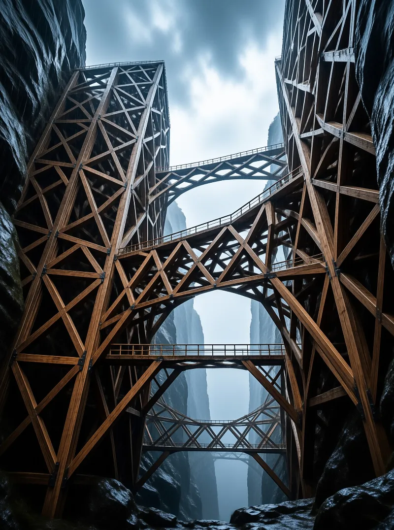 Wooden truss bridges span a deep rocky gorge with multiple levels connecting steep cliffs under a cloudy sky.
