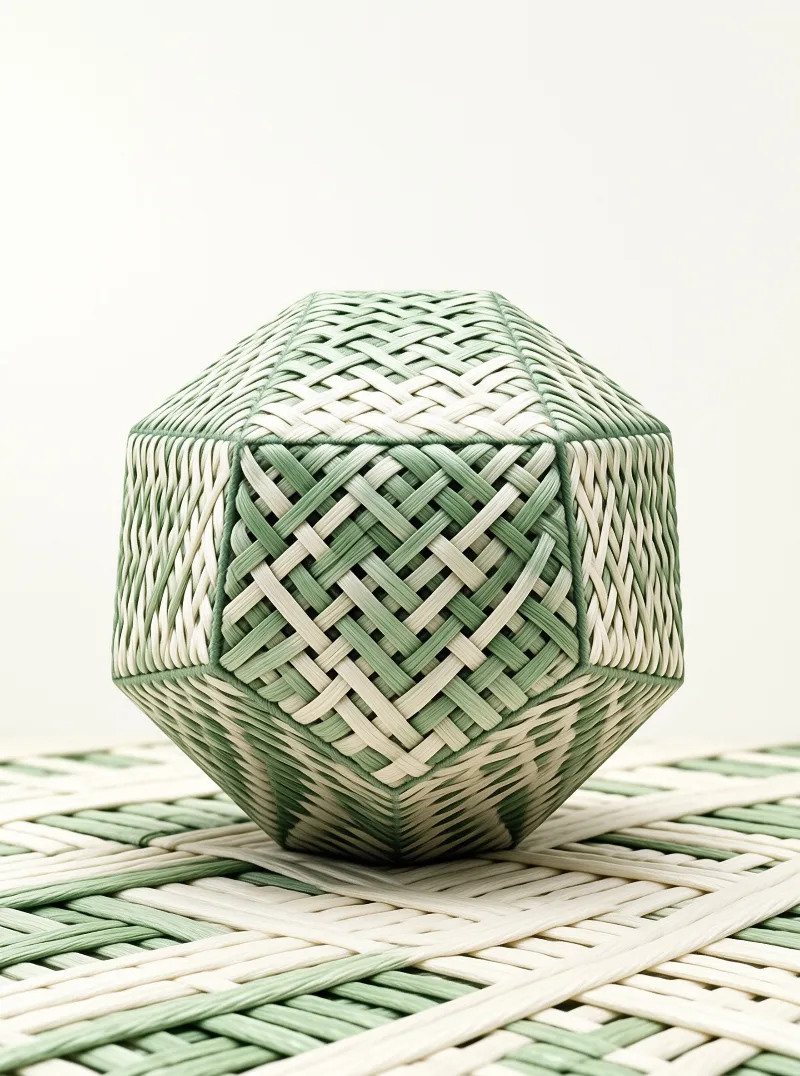 A woven geometric basket of sage-green and cream rattan rests on a matching mat against a soft white background.
