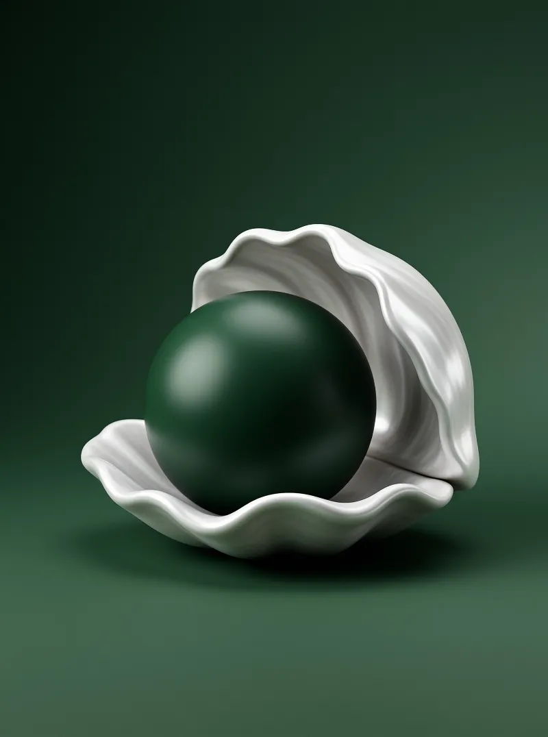 A smooth emerald green ball rests within a sculpted white porcelain shell against a dark background.