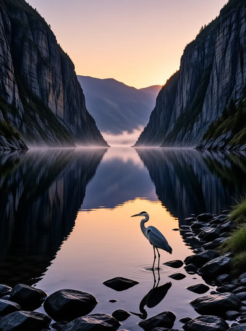 A solitary heron stands in a calm lake surrounded by steep cliffs reflecting a warm sunrise sky.
