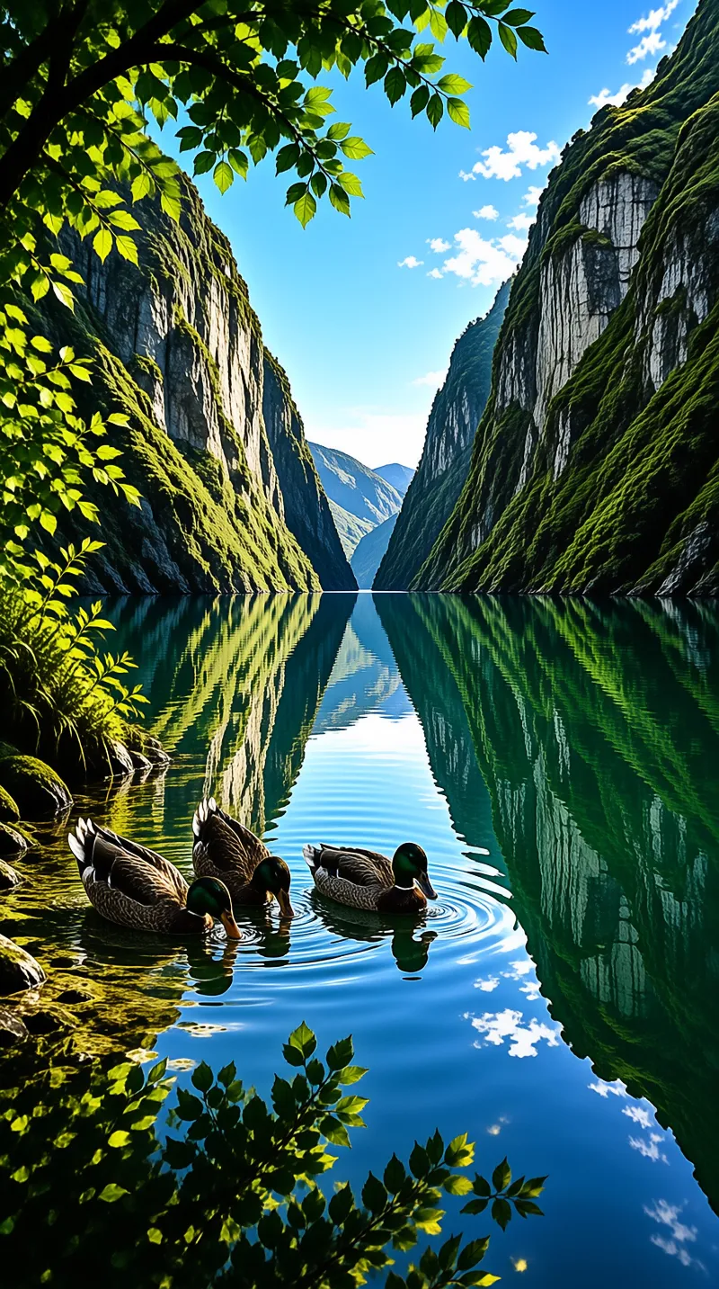 Three ducks glide across calm blue water reflecting steep green cliffs under a bright sky.