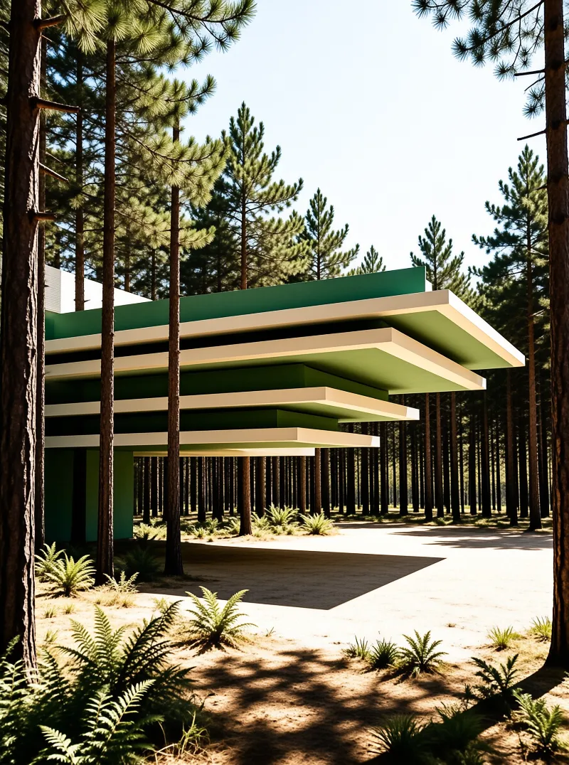 A modern structure with stacked green and white layers stands among tall pine trees under bright sunlight.