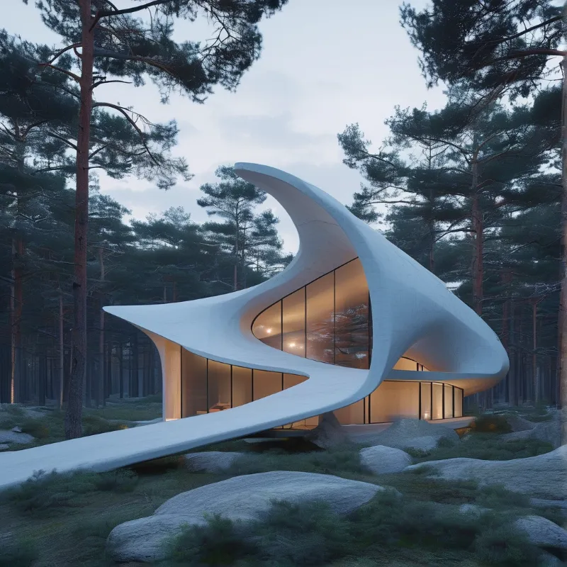 A sleek white building with sweeping curves and expansive glass windows nestled among tall pine trees during twilight.
