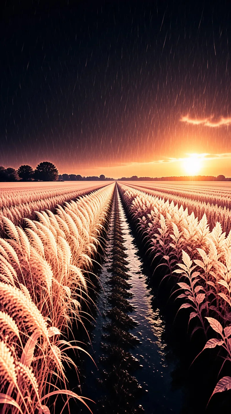 A vast field of golden crops stands in straight lines under a dark rainy sky with a bright sun glowing on the horizon.