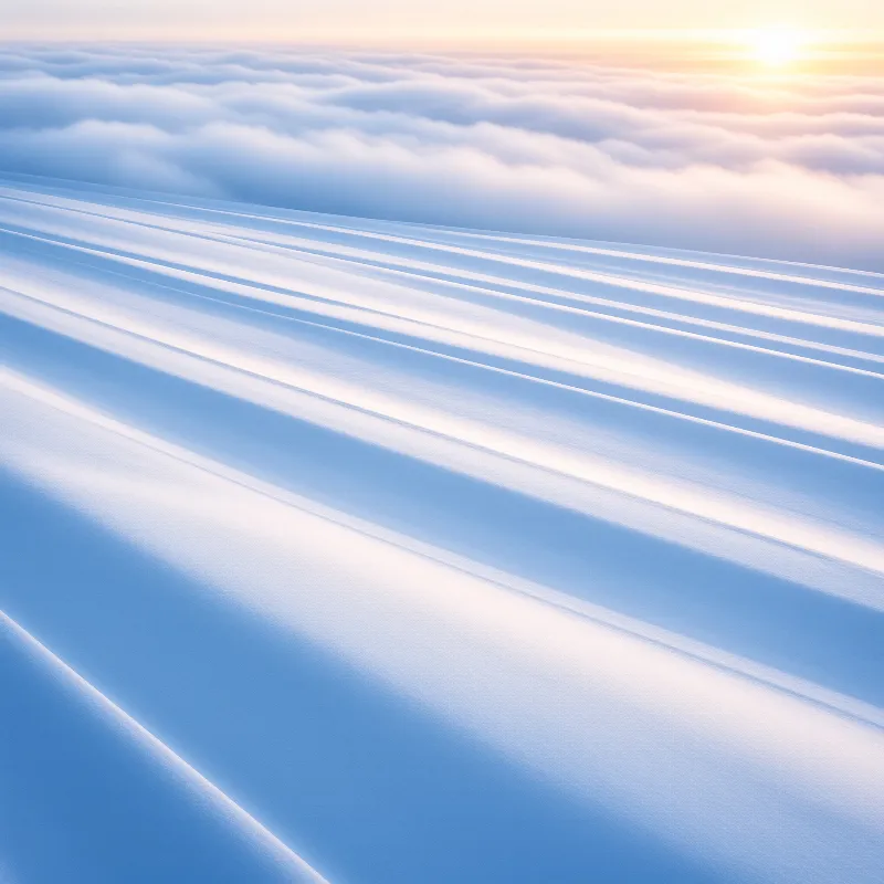 Rippled snow surfaces stretch towards a horizon filled with thick clouds illuminated by soft morning sunlight.