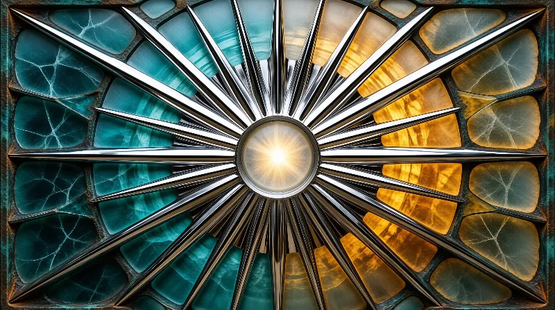 Sunburst stained glass panel has cool teal and warm amber sections, with metal rays radiating from a glowing central disc.