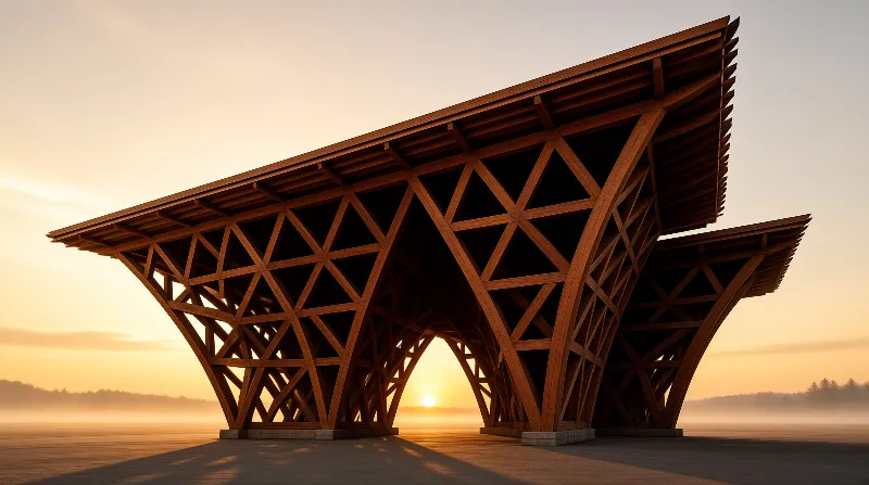 A large wooden lattice structure stands on a reflective surface, framing the setting sun through its archway amidst fog.