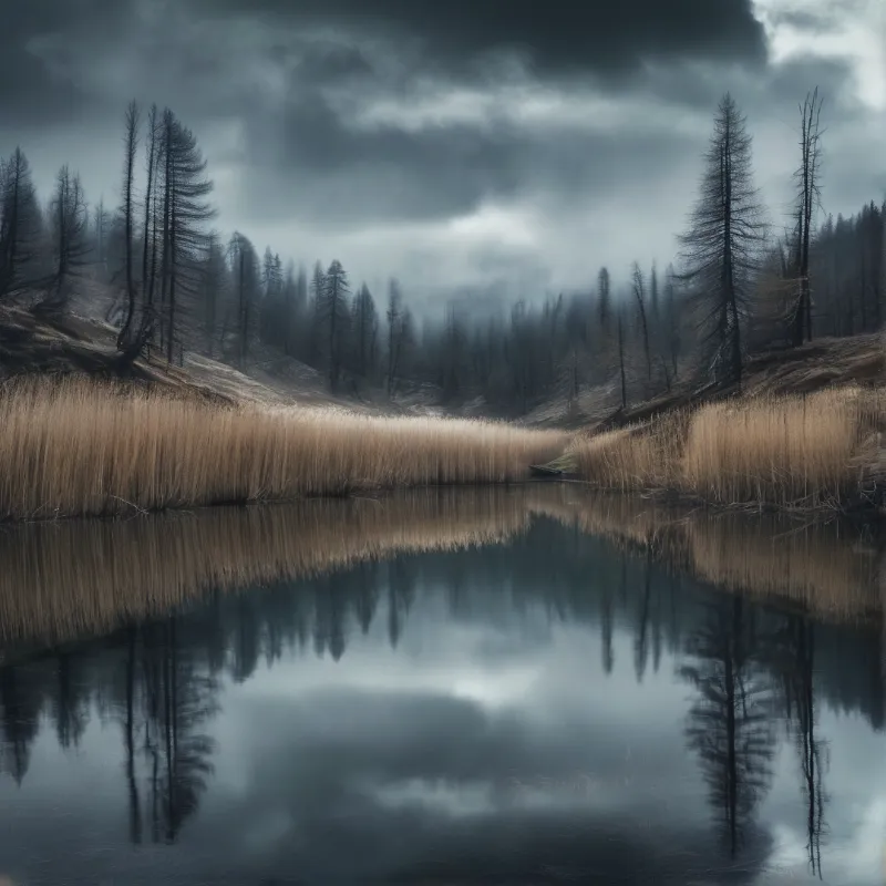 Dark water mirrors the shapes of tall trees and yellow grasses beneath a heavy overcast sky.