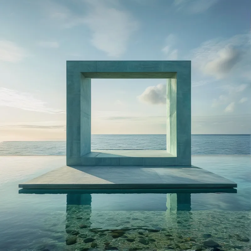A minimalist concrete square frame sits on a flat platform surrounded by clear, shallow water that reflects the sky.