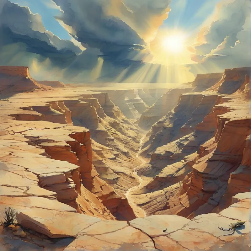 Vast rocky desert terrain displays deep canyon walls illuminated by intense sunlight breaking through clouds.