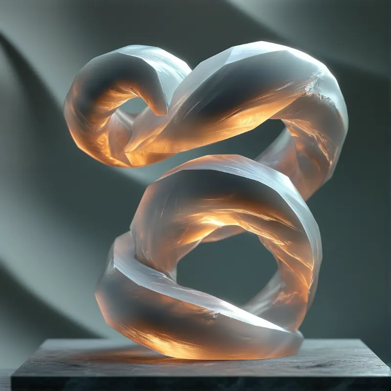 A broad translucent band twists into two open loops, glowing orange deep inside its cloudy glassy body on a stone base.